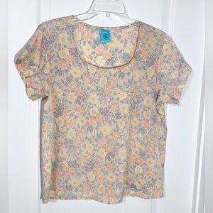 Y2K H.I.P. Pastel Floral Short Cuffed Sleeve Boxy Pocket Blouse USA MADE Pink L
